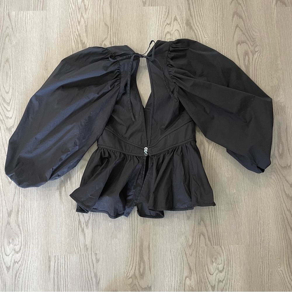 STAUD Luna Top Black Peplum Poplin Bold Sleeve Open Back - Picture 5 of 15